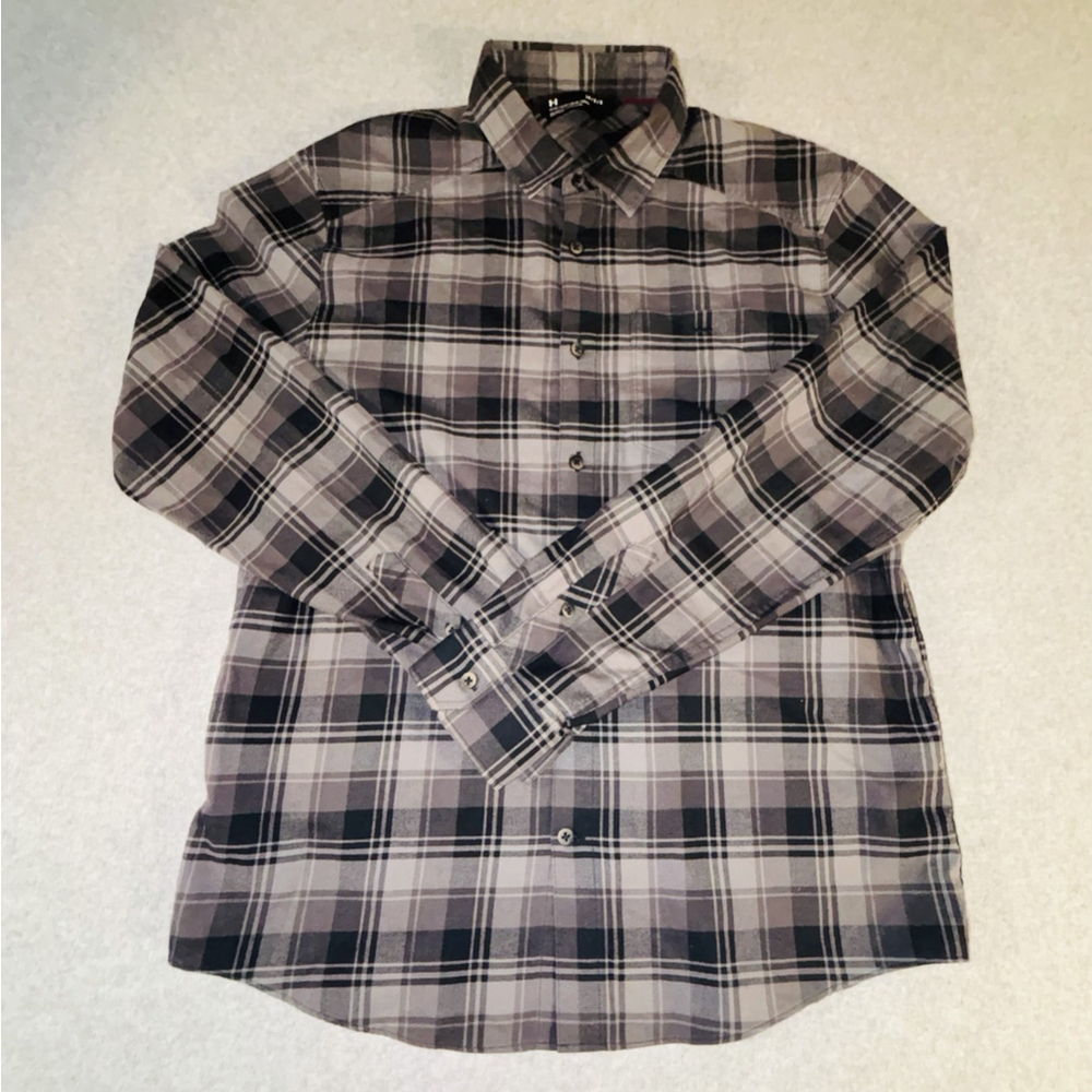 Under Armour Plaid Button Down Shirt Mens Large Fitted Brown Black Casual